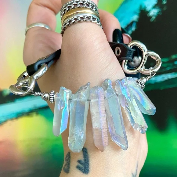 Crystal leather choker . Blue Angel aura rainbow iridescent Crystals choker - Picture 12 of 16